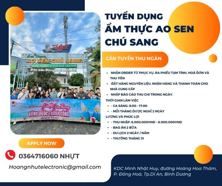 ẨM THỰC AO SEN CHÚ SANG TUYỂN DỤNG THU NGÂN (CHI NHÁNH DĨ AN)